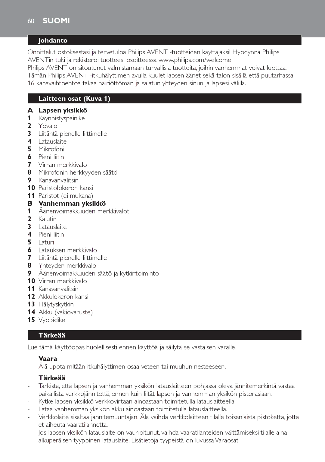 Philips SCD481 manual Suomi, Johdanto, Laitteen osat Kuva 1, Tärkeää 